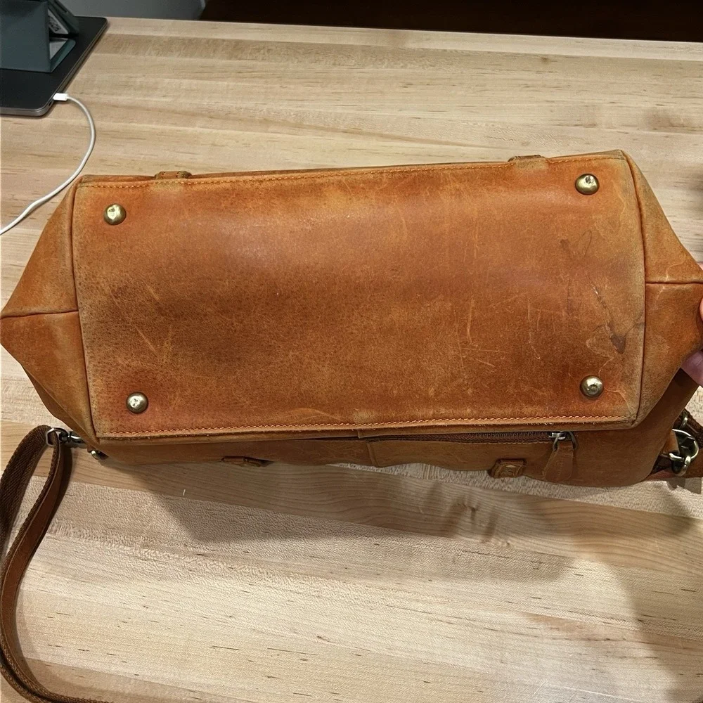 Szone Brown Cowhide Leather Tote Bag, Zipper Closure, Dual Strap, Large Size